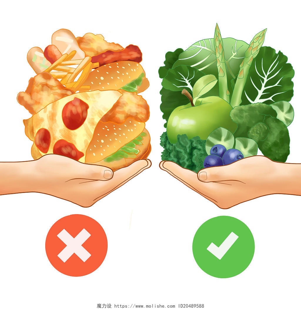 健康饮食水果绿色蔬菜垃圾食品汉堡披萨元素设计营养均衡小元素